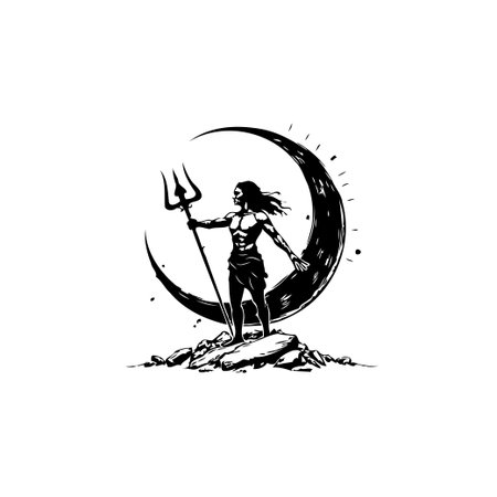 An illustrative depiction of a powerful celestial being with a trident, standing tall before a crescent moon. The image evokes themes of power, faith, and spirituality, reflecting ancient beliefsのイラスト素材