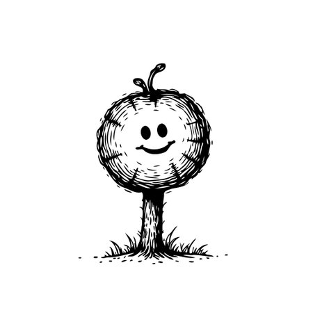 A whimsical black and white illustration of a stylized tree character. The tree features a smiling face and is rendered in a doodle like style. This drawing evokes a sense of fun and innocence,のイラスト素材