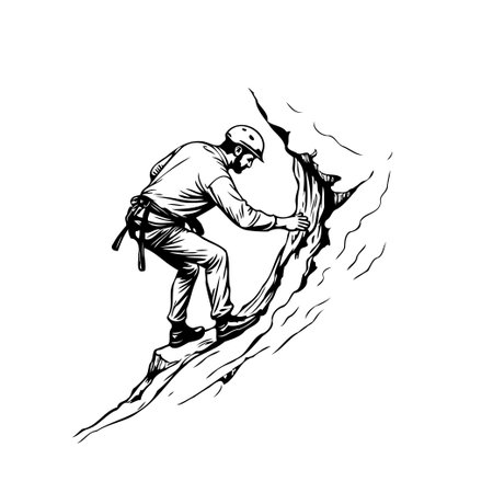 A hand-drawn illustration shows a determined climber scaling a challenging rock face, wearing protective gear. The climber is focused on their ascent, exemplifying strength, perseverance, and theのイラスト素材