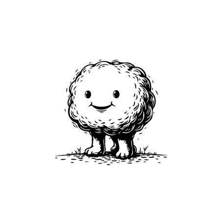 A cheerful cloud-like character with a pleasant smile stands among blades of grass in this joyful illustration. The monochrome drawing evokes a sense of whimsy and lightheartedness. It's a simpleのイラスト素材