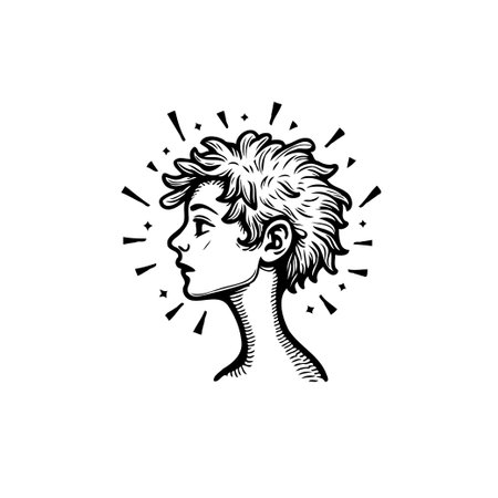 This stylized monochrome portrait presents a young person in profile, radiating an aura of light. The artwork emphasizes individual expression and the unique beauty of the subject through artisticのイラスト素材