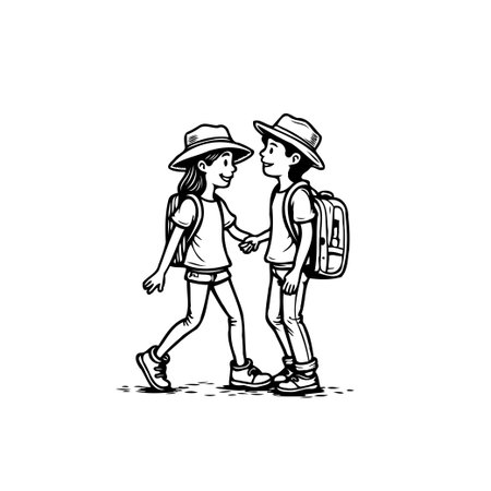 A charming black and white illustration captures two young children, a boy and a girl, wearing hats and carrying backpacks. The sketch highlights their innocent adventure. The pair exudes a cheerfulのイラスト素材