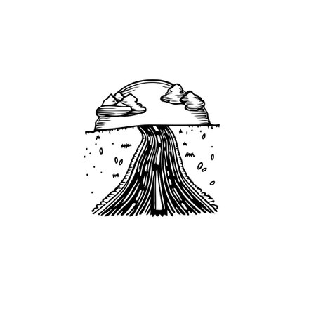 An artistic rendition depicts a winding road seemingly flowing from a hillside topped with fluffy clouds, rendered in a detailed monochrome style. This conveys a sense of adventure, journey, andのイラスト素材