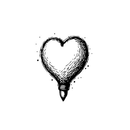 An artistic black and white sketch of a heart-shaped lightbulb evokes a sense of creative inspiration and heartfelt innovation. The hand-drawn style adds a personal touch, suggesting themes of love,のイラスト素材