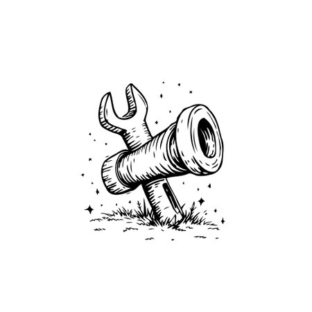 This illustration presents a curious juxtaposition of tools, merging a wrench with a section of pipe. The artistic rendition employs distinctive shading and line work to create a unique mechanicalのイラスト素材