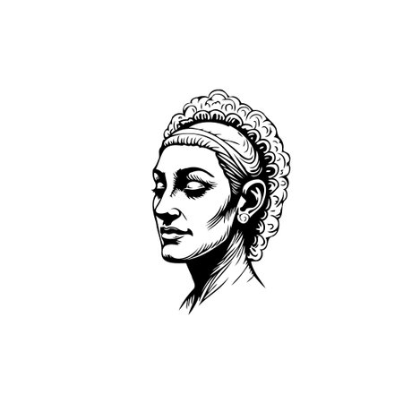 This black and white illustration captures the serene profile of a woman, showcasing an elegant hairstyle and graceful features. The artwork evokes a sense of timeless beauty and refined artistry,のイラスト素材