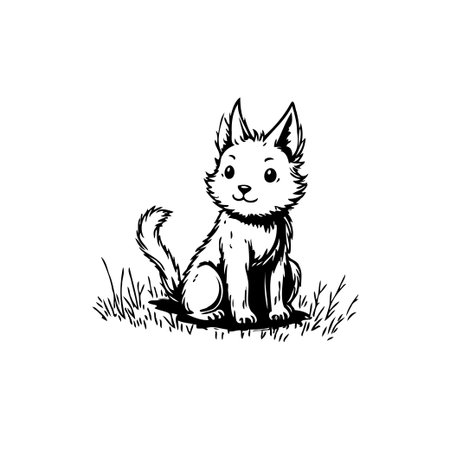 This charming illustration showcases a cute cartoon kitten with fluffy fur and a sweet expression, sitting amid the grass. It exudes innocence and playful charm, perfect for conveying hearteningのイラスト素材
