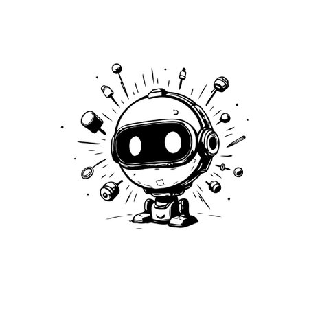 A charming monochrome sketch depicts a small, cheerful robot with a headset, surrounded by assorted tools and objects. The playful illustration highlights the intersection of technology andのイラスト素材