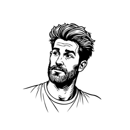 A striking monochrome portrait showcases a man with a well-groomed beard and a contemplative expression. The graphic style emphasizes clean lines and precise details, creating an image that is bothのイラスト素材