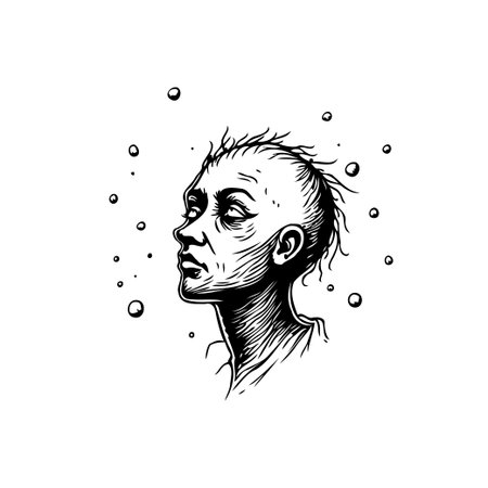 A minimalist drawing of a woman's face looking upward, surrounded by a cluster of abstract bubbles. The artwork showcases a stylish monochromatic illustration, which is both elegant andのイラスト素材