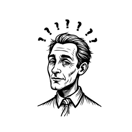 A meticulously drawn man is immersed in thought under a cloud of question marks. His facial expression suggests he is actively contemplating a puzzle or dilemma, engaging in careful consideration ofのイラスト素材