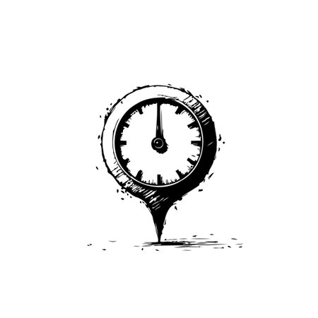 This image illustrates a stylized location indicator. The black and white pointer, shaped like a clock, symbolizes time-sensitive navigation, urgent meetings, and efficient route finding. Ideal forのイラスト素材