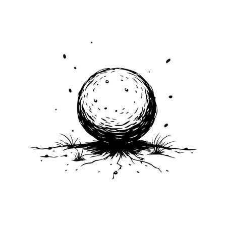A graphic monochrome image shows a speckled sphere resting on the land, creating a simple yet artistic design. With a black and white palette, the illustration displays fine details and texture,のイラスト素材