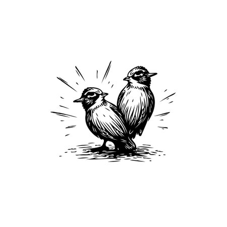A captivating illustration features two sparrows standing close together, rendered in a detailed, monochrome sketch style. Radiating lines add a touch of light and focus, highlighting their presenceのイラスト素材
