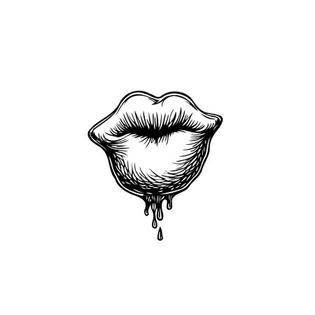 A meticulously crafted monochrome illustration showcases luscious lips rendered in a detailed sketch style. Drops of an unidentified liquid cascade downwards creating a sense of mystery andのイラスト素材