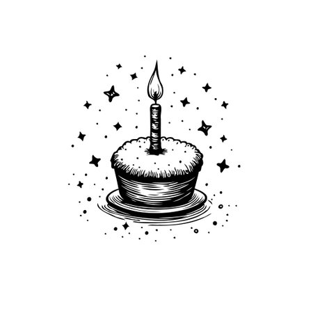 A delightful hand-drawn illustration of a birthday cake with a lit candle, emanating warmth and joy. Surrounded by sparkling stars, this monochrome design captures the essence of celebration, makingのイラスト素材