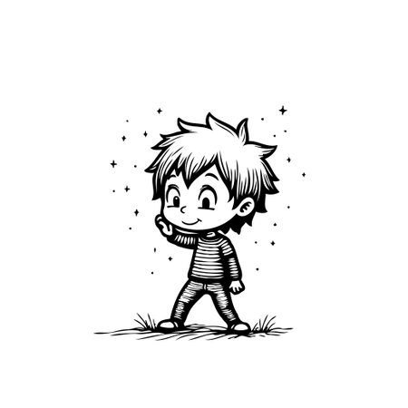 A delightful monochrome cartoon character is portrayed with a cheerful wave, set against a backdrop of twinkling stars, evoking a sense of childhood innocence and friendly greeting. This whimsicalのイラスト素材