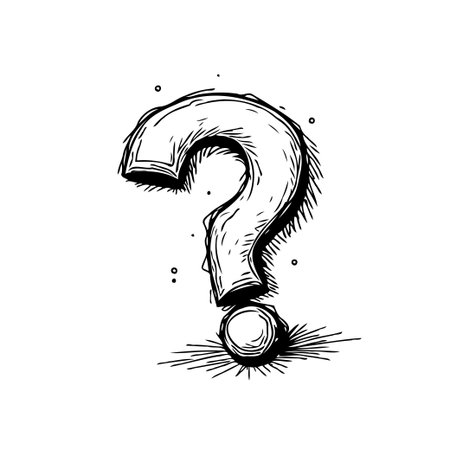 A sketch-style question mark rendered in black lines against a clean white backdrop. Suggests the realm of unanswered questions, the pursuit of knowledge, and the contemplation of complex decisions.のイラスト素材