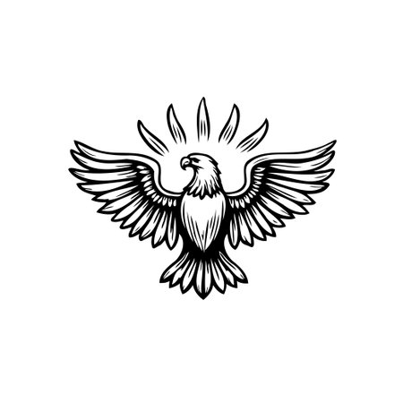 Striking black and white illustration of a majestic eagle emblem radiating light. This design embodies freedom, strength, and keen vision. Suitable for logos or graphics that need a touch of boldのイラスト素材