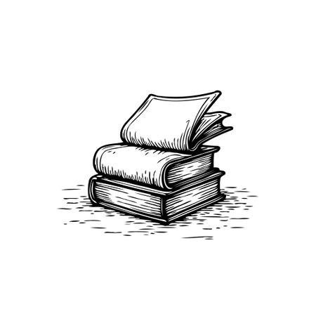 Elegant monochrome illustration depicting a stack of books, symbolizing the pursuit of knowledge and the timeless allure of literature. The detailed line work and vintage aesthetic evoke a sense ofのイラスト素材