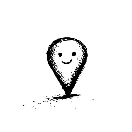 A hand-drawn style map pin icon, featuring a friendly smiling face. This simple black and white graphic is ideal for digital maps, apps, or any design needing a touch of playful navigation, perfectのイラスト素材