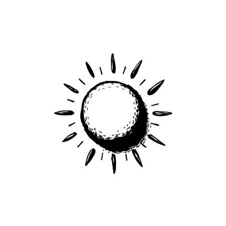 Abstract sun design with hand-drawn style, this monochrome graphic captures the essence of radiant light and cosmic energy. It serves as a minimalistic illustration for various themes like summer,のイラスト素材