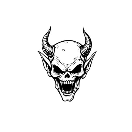 A monochromatic illustration of a horned skull, evoking dark fantasy themes. The stark contrast...