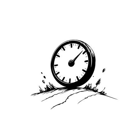 A symbolic illustration depicts a clock on an incline, suggesting the dynamic nature of time and its relentless march. The monochrome drawing evokes a sense of urgency and the pressures linked toのイラスト素材