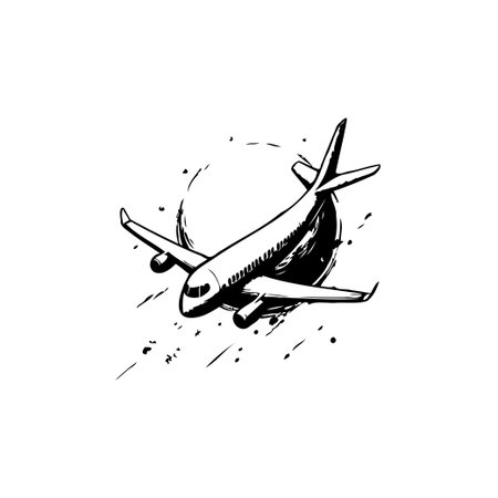 Elegant monochrome illustration of a soaring airplane against an abstract backdrop. Perfect for conveying themes of flight, travel, adventure, or the excitement of aviation. Its minimalist designのイラスト素材