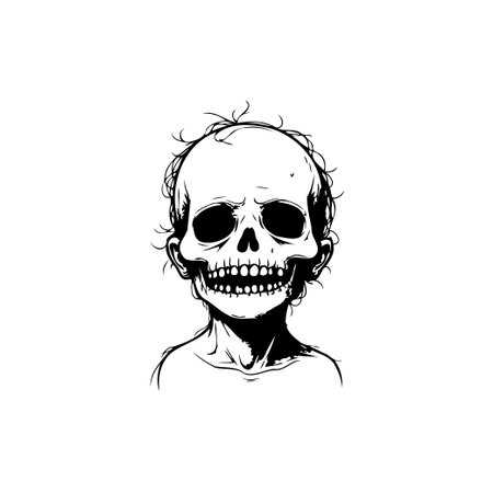 This monochrome illustration depicts a skeletal child in a portrait format. The artwork combines elements of the macabre with childlike features, creating a surreal and unsettling image. Theのイラスト素材