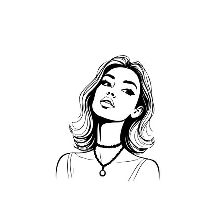 This captivating monochrome portrait presents a woman exuding confidence and style. Her striking features are enhanced by the simple yet elegant lines, while a necklace and hairstyle add to herのイラスト素材