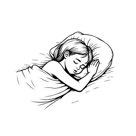 A simplistic drawing captures a young girl in deep slumber, nestled comfortably in her bed. The illustration uses clean lines and soft contours to convey a sense of peace, innocence, and theのイラスト素材
