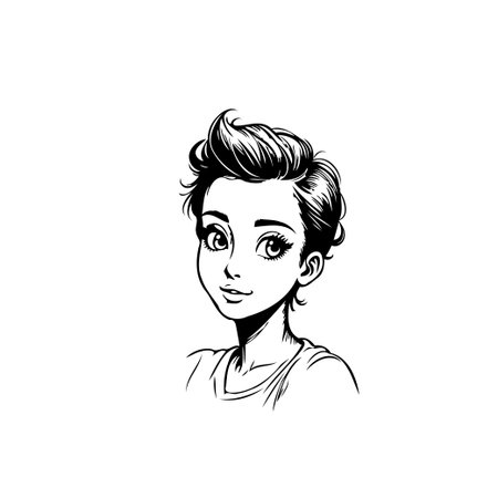 A captivating monochrome drawing showcases a stylized portrait of a young individual with a dynamic hairstyle, emphasizing simplicity and elegance. The artwork conveys a sense of youthfulness andのイラスト素材