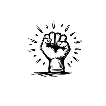 A stark illustrative image presents a stylized clenched fist radiating outward lines, symbolizing strength, determination, and resilience. The bold graphic conveys a sense of unified purpose,のイラスト素材