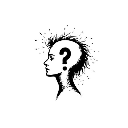 A conceptual illustration depicting uncertainty and questioning. The striking image of a person's head with a question mark at the core suggests contemplation. The artwork captures the essence ofのイラスト素材