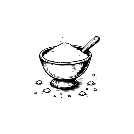 A simple and monochrome illustration captures a pedestal bowl filled with a powdery white substance accompanied by a spoon beside the bowl. This isolated graphic element suggests culinaryのイラスト素材