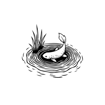 An elegant minimalist illustration showcases a fish gracefully swimming in a serene pond. Reeds gently sway beside the water's edge, reflecting the tranquil ripple of the water, which captures theのイラスト素材