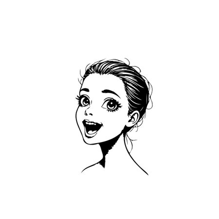 A delightful monochrome drawing features a young girl with a wide smile. Her expressive face captures youthful happiness. Perfect for various creative projects, this artwork brings a touch ofのイラスト素材