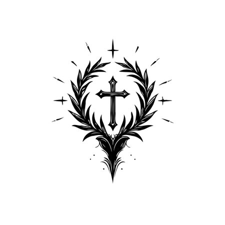A stylized black and white illustration features a christian cross encircled by an ornate botanical wreath, the image embodies spiritual themes and evokes a sense of sacred grace. The intricateのイラスト素材