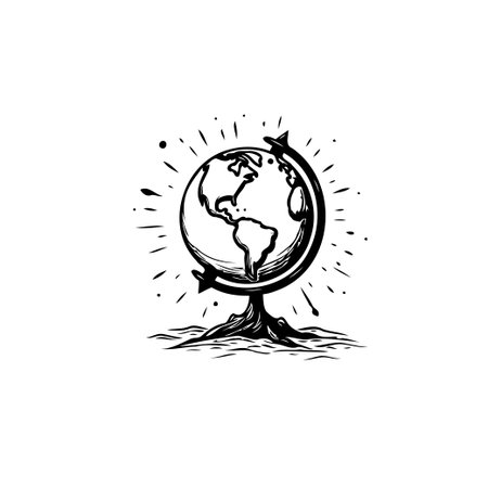 A hand-drawn style illustration of a globe evokes a feeling of exploration and discovery. Ideal for illustrating educational content, travel blogs, or promoting a worldly perspective. This vintageのイラスト素材