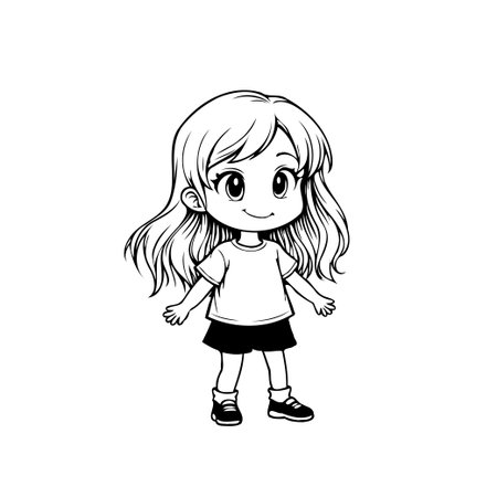 A delightful chibi illustration depicts a sweet girl with adorable, oversized eyes and a charming smile. This black and white cartoon character showcases childhood innocence and joy. The simpleのイラスト素材