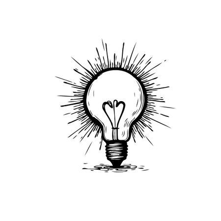 A striking monochrome illustration of a lightbulb emitting radiating lines, encapsulating the essence of a brilliant idea and creative inspiration. This inventive graphic symbolizes innovation,のイラスト素材