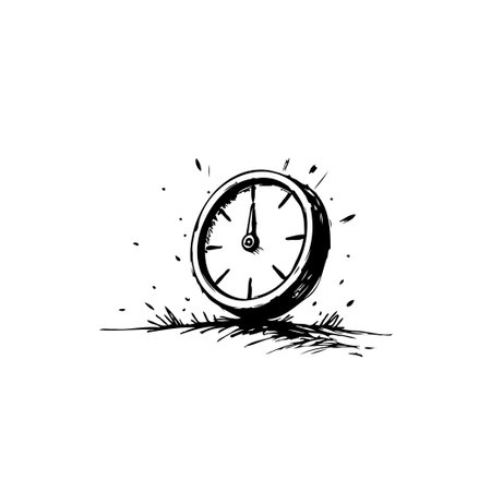 A graphically represented clock sits on a patch of stylized grass indicating time's fleeting nature. This monochrome artwork encapsulates the essence of passing moments urgency and importance ofのイラスト素材