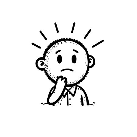 This minimalist illustration presents a cartoon figure in a state of deep contemplation. The individual's hand rests thoughtfully on their chin, conveying a sense of uncertainty and introspection,のイラスト素材