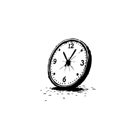 A minimalist black and white illustration depicts an analog clock, conveying a sense of urgency and the passage of time. The graphic style emphasizes a retro, almost antique aesthetic, making itのイラスト素材