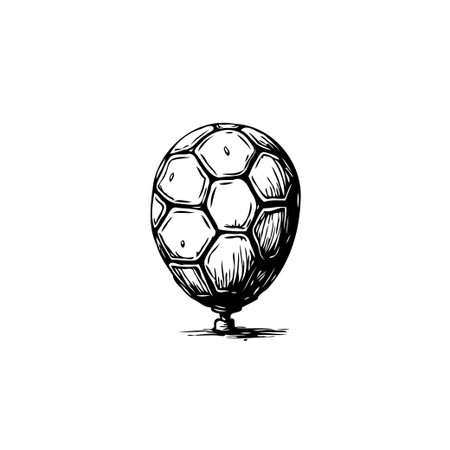 A whimsical monochrome illustration presents a soccer ball designed as a floating balloon. The detailed sketch combines sport and fantasy, offering a unique graphic for creative projects. Itsのイラスト素材