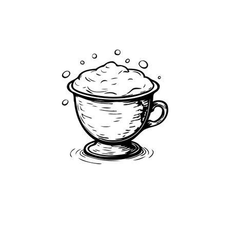 A gracefully illustrated coffee cup overflows with rich, velvety foam, rendered in a simple yet elegant hand-drawn style. Swirling water details add a touch of dynamism, evoking the comfort of aのイラスト素材