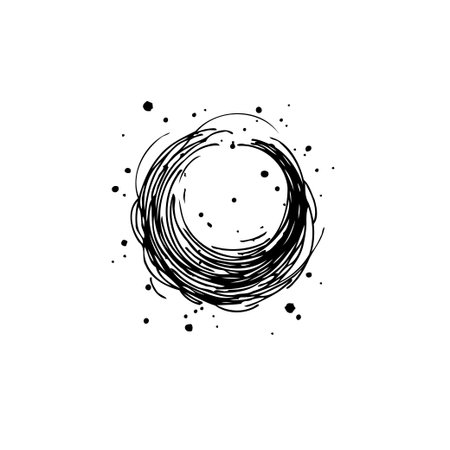 An abstract graphic featuring a circular formation made of layered, textured lines in black ink. This artistic expression offers a visually chaotic yet balanced design, perfect for various creativeのイラスト素材