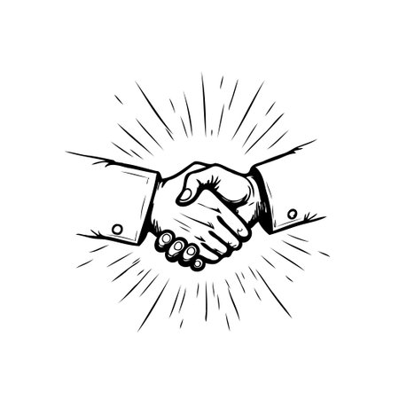 A black and white illustration of a handshake, symbolizing agreement, partnership, and business cooperation. The radiating lines emphasize the importance of the agreement and the successfulのイラスト素材