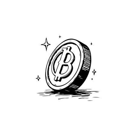 This illustration shows a bitcoin coin, a symbol of the cryptocurrency revolution and digital finance. It signifies modern investment opportunities, blockchain technology, and the future ofのイラスト素材